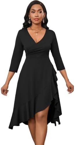 Womens Sexy Summer Midi Dress Casual Wrap V Neck 3/4 Sleeve Split Ruffle Hem Short Dresses with Pockets