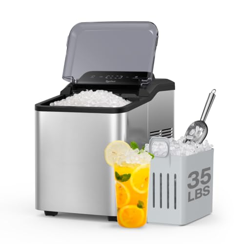 Typhur Fast Nugget Ice Maker Countertop with Self-Cleaning Pump, 35lbs/24H Crushed Pebble Ice Machine with Pellet Ice, 8 Packs Cleaner, Dual Ice Scoops for Home, Kitchen, Party, RV, Stainless Steel
