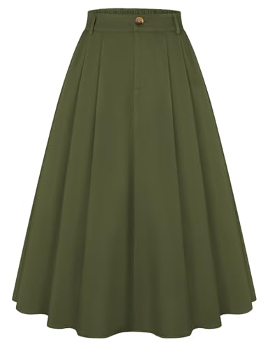 Belle Poque Army Green Skirt Midi Length with Pockets, Classic