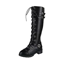 Womens Lace Up Boots Waterproof Comfortable Chunky Block Heel Ladies Shoes Knee-High Casual Faux Leather Classic Side Zipper Biker Combat Military Boots Outdoor