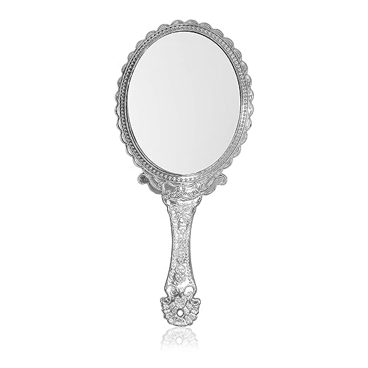Unique Plastic Oval Handheld Mirror with Handle for Personal Makeup Vanity Portable Travel Skin Mirror, Pack of 1 (Silver)-image-34