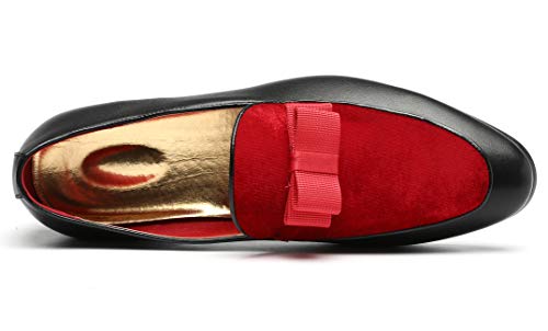 Mens Loafers Velvet Driving Shoes for Men Leather Moccasin Wedding Dress Smoking Slipper Bow Black Red3