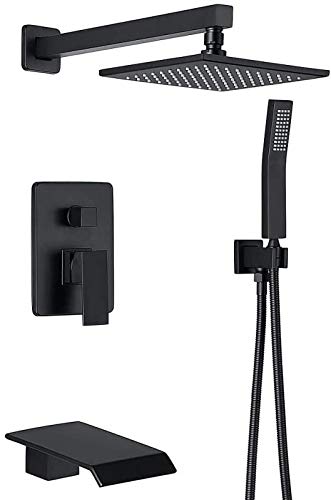 Shower System Luxury bathroom Shower Faucet Fixtures, Waterfall Tub Spout with 8 inches Rainfall Shower Head and Valve Wall Mount Shower Faucet Set(Matte Black)