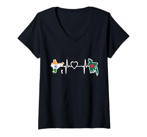 Womens Bangladesh India Flag Bangladeshi Indian Heartbeat V-Neck T-Shirt