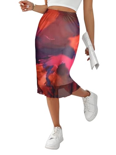 Avanova Women Boho Floral Mesh Midi Skirt Bodycon High Wasited Lettuce Trim Skirt3