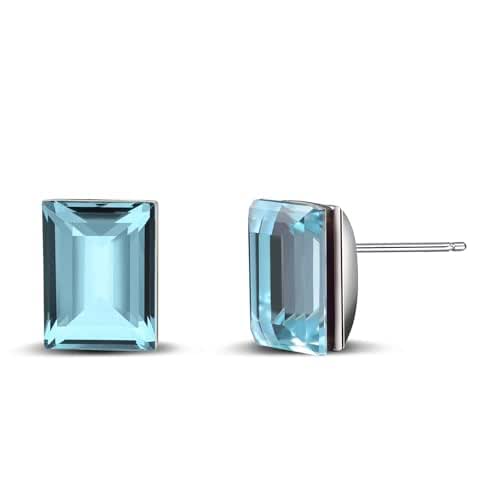 Rectangle Aquamarine Sterling Silver Stud Earrings - Blue Crystal Dainty Jewelry For Women