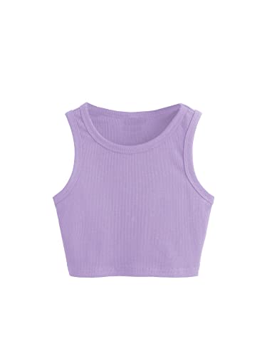 Image of Milumia Girls Shirt 2 Pack Ribbed Knit Round Neck Casual Baisc Crop Tank Top (Multi White Purple, 7 Years, Sleeveless)