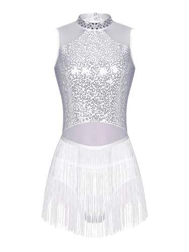 Alvivi Vestido Lentejuelas de Baile Latino para Mujer con Borlas Maillot de Patinaje Artístico Vestido de Danza Tango Rumba S-XXL Blanco XXL