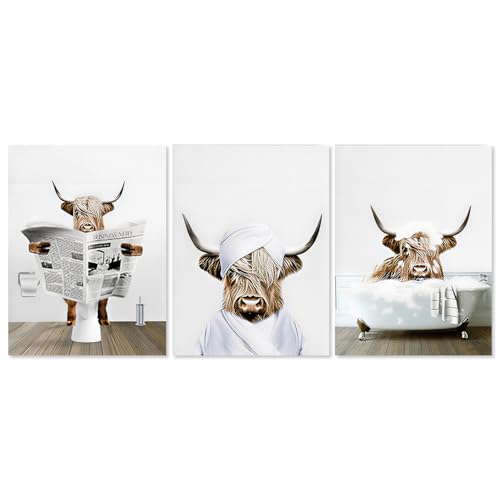 3pcs Highland Cow Wall Art Picture, 20 x 25cm Bathroom Home Background Wall Decoration Poster, Waterproof Highland Cow Canvas for Walls Animals Humor Abstract Prints for Bedroom Kids Room(Style A)