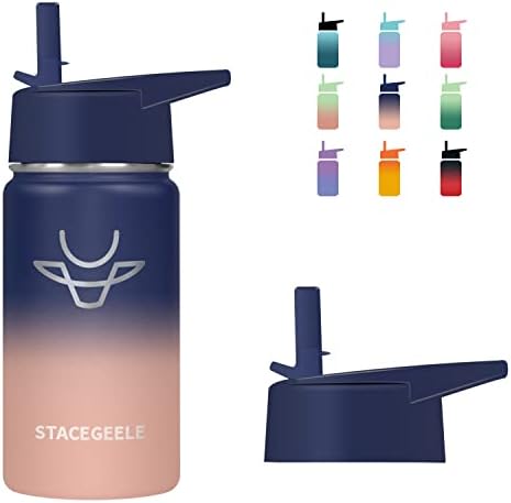 STACEGEELE Insulated Vacuum Water Bottle with Straw Lid Stainless Steel Flask Kids Thermos for Boys and Girls Leak Proof Lightweight Eco Friendly 12oz(355ml), Blue Hawaii
