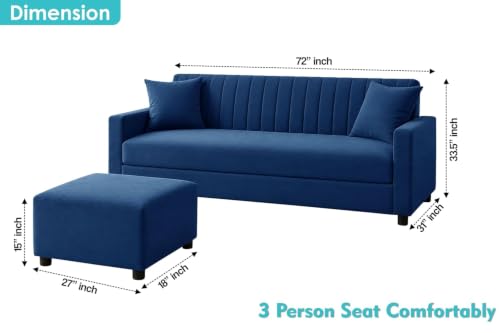Image of Urban Decor 3 Seater Wooden Sofa Set with Matching Ottoman, Modern Channel Tufted Velvet Fabric Couch for Living Room-Blue