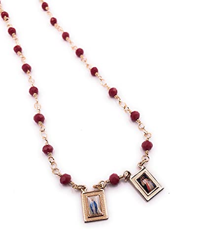 SIFRIMANIA Miraculous Virgin and Divine Mercy Scapular Necklace Red Crystal Handmade Chain (Burgundy)