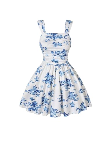 Floerns Girl's Summer Boho Floral Straps Cami Dress Ruched Bust Ruffle High Waist A Line Sundress Short Dresses