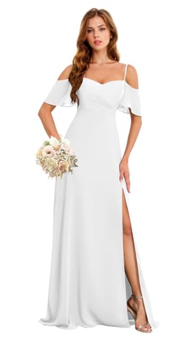 Image of Flowy Chiffon Bridesmaid Dress with Slit White Mermaid Long Formal Gown Chiffon Maxi Gown US14 HGR93