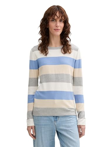 Tom Tailor Damen Strickpullover mit Rundhals, 37224 - Beige Blue Block Stripe, M – Ansicht 1