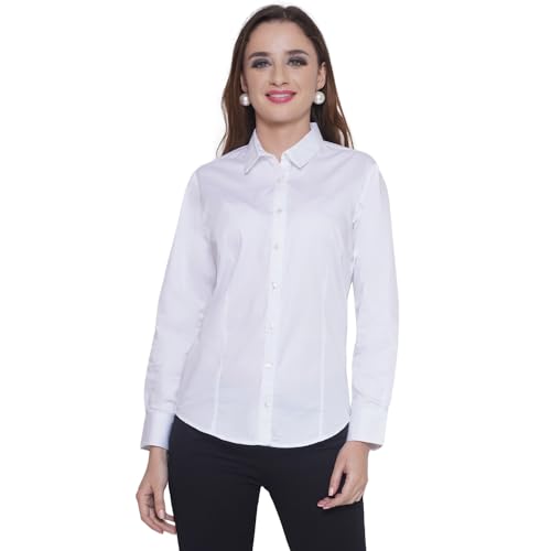 Image of Women's Cotton Solid Long Sleeve Shirt - Formal & Casual Button-Down Long Sleeve Collared Top for Office, Workwear 100% Soft Breathable Cotton Fabric