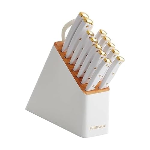 Farberware 14-Piece Knife Block Set, White and Gold – Razor-Sharp, High-Carbon Stainless Steel, Triple-Riveted, Ergonomic Handles, Stylish Wood Block