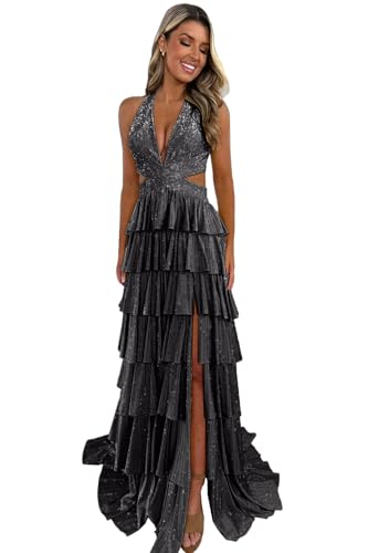 Halter Tiered Ruffle Prom Dresses for Women 2026 Strapless Glitter Sequins Satin Long Evening Party...