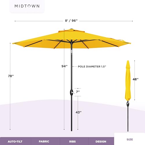 Image of Midtown Umbrellas - The Lean 8 Ft Patio Umbrella with Fade-Resistant Sunbrella Fabric, Auto-Tilt Aluminum Frame and 8 Reinforced Ribs for Deck, Pool & Garden - Yellow Canopy, Black Pole