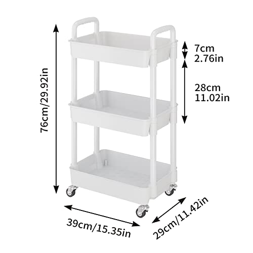 Buzowruil 3-Tier Utility Rolling Plastic Storage Cart Trolley With Lockable Wheels,Multifunctional Storage Shelves For Kitchen Living Room Office,White #TOP5