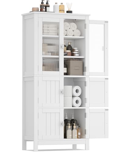 Akxomel 53.1' Tall Bathroom Storage Cabinet with 6 Doors and Adjustable Shlef, Bathroom Organizers and Storage, Linen Cabinet, Cupboard for Living Room, Kitchen, Entryway, White