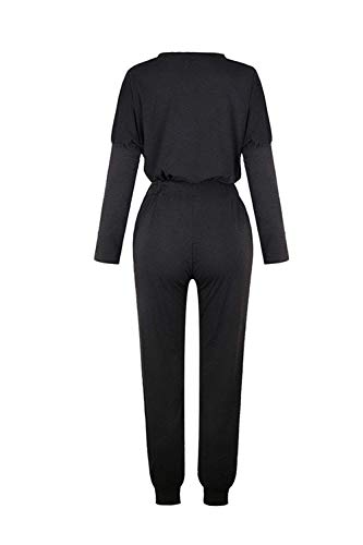 PRETTYGARDEN Women’s Fashion Solid Color Two Piece Outfit Long Sleeve Crewneck Pullover Tops And Long Pants Sweatsuits Tracksuits (Black, Large)