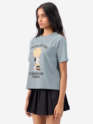 Image of The Souled Store Official Peanuts: Only Dogs Women and Girls Short Sleeves Round Neck Blue Graphic Printed Cotton Relaxed Fit T-Shirts