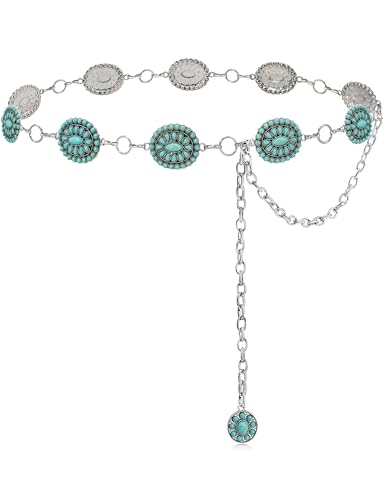 Image of Turquoise Chain Belt for Women, Western Cowgirl Concho Belt | Turquoise Concho Accents with Silver Chains for Western, Cowgirl, Rodeo, Festival and Denim Looks