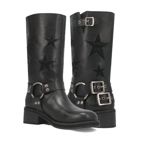 Image of Goolita Women's Buckle Biker Knee High Boots Square Toe Chunky Heel Star Moto Mid Calf Boots Slip On Motorcycle Riding Boot
