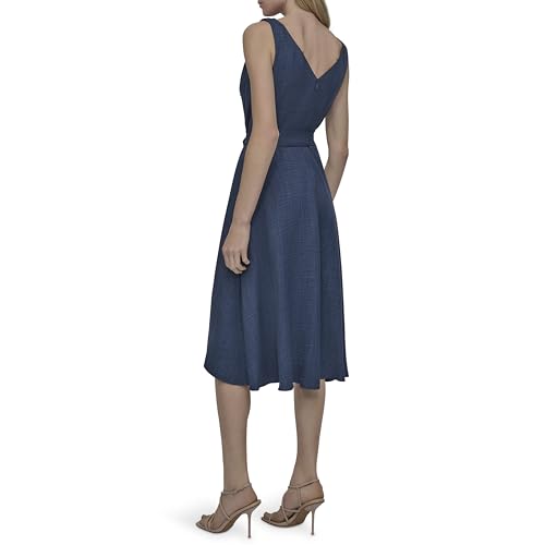 Robe midi DKNY col cache-cœur coupe trapèze fluide sans manches chic - 4