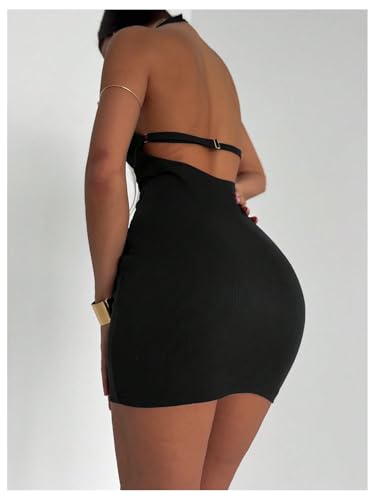 Milumia Women's Metal Ring Deep V Neck Halter Mini Dress Sexy Blackless Bodycon Party Club Short Dresses3