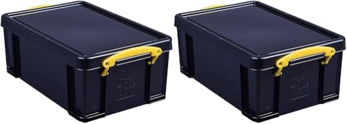 Really Useful Plastic Storage Box 9 Litre Solid Black with Yellow Handles (Pack of 2)