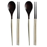 Korea Traditional Reusable Lacquer Wooden Chopsticks & Spoon Set, 2 Pair (Ivory)
