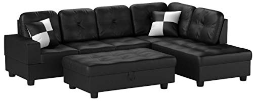 Beverly Fine Furniture Right Facing Russes Sectional Sofa Set With Ottoman, Black - Thumbnail 2