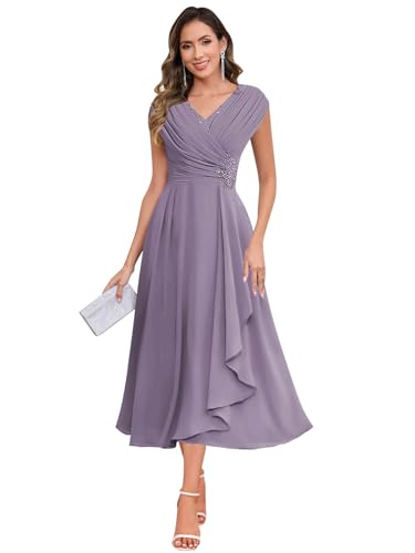 Image of SOLODISH Mother of the Bride Dresses for Wedding Tea Length Chiffon A Line Formal Wedding Guest Party Gown