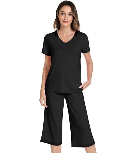 Image of NACHILA Bamboo Viscose Women's Pajamas Set Short Sleeve Pjs and Capri Pants