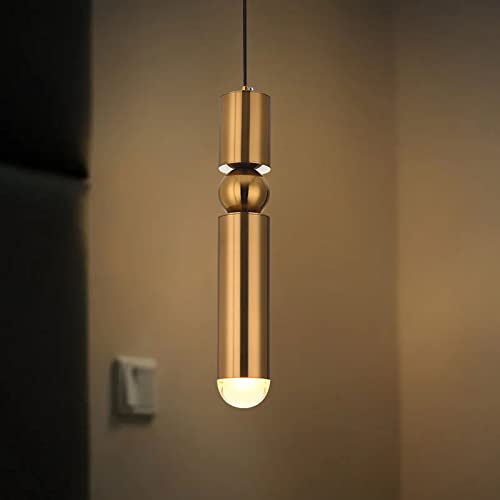 JinYuZe Modern 1-Light Pendant Light Fixture in Gold, Mini Cylinder Ceiling Hanging Pendant Lighting for Bedroom Dining Room Living Room Kitchen