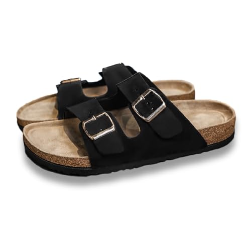 Cork Footbed Slide Sandals for Women Men with Arch Support, Adjustable Buckle, Genuine Leather Comfortable Summer Outdoor Beach Sandal