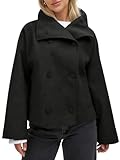 utcoco Women's Cropped Peacoat Double Breasted Lapel Short Wool Blend Winter Jacket Overcoat (Small, Black)