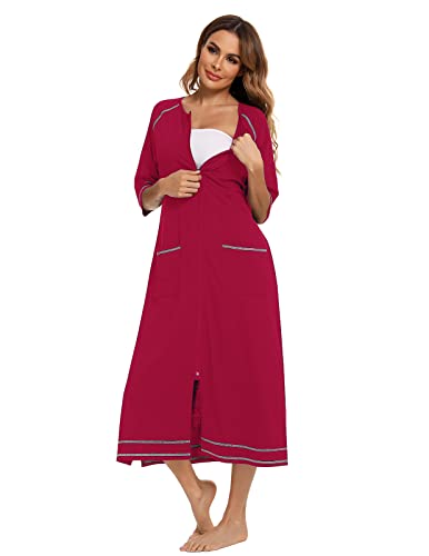 Image of Veseacky Women Robe Zipper Front House Coat 3 /4 Sleeve Nightgown Full Length Ladies Lounge Dress with Pockets S-XXL