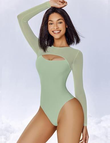 Image of Avidlove Bodysuits for Women Round Neck Long Sleeve Mesh Bodysuit