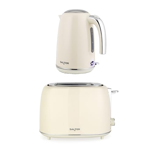 Salter Retro Kettle & 2-Slice Toaster Set 1.7L 3kW Jug Kettle with 360 Base & 815W Toaster with Wide Slots Plastic 6 Browning Levels Removable Crumb Tray Cream