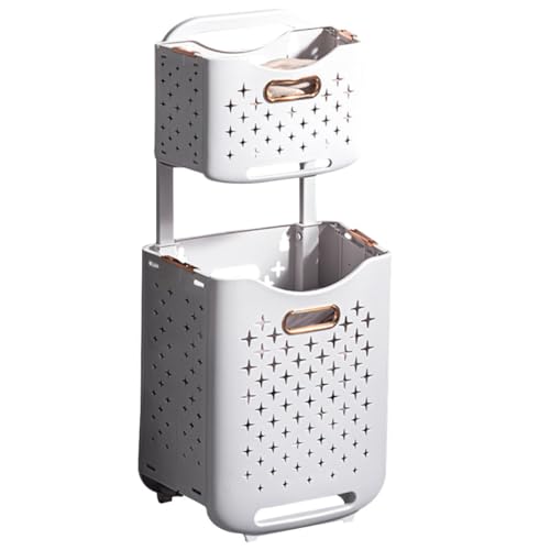 BAZEITFLOW Cesto Ropa Doble Capa Plegable con Ruedas Resistente para Ropa Sucia Hogar Compacto Fácil Almacenamiento Baño