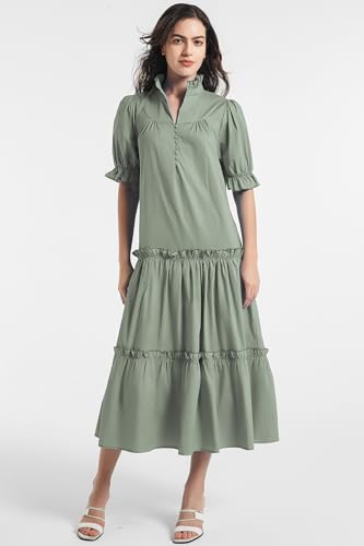 Image of D-Sun Women Casual Button Down Maxi Dress Short Puff Sleeves Stand Collar Tiered Elegant Flowy Swing Long Dress with Tie