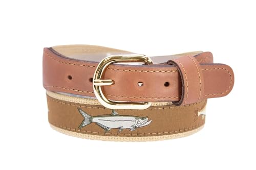 ZEP-PRO Backcountry Slam Men's Woven Ribbon Belt – Repeating Game Fish Ribbon With Tan Full Grain Leather Tabs – 1.25