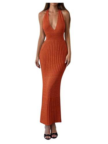 Image of GORGLITTER Women's Halter Backless Knit Dress Crochet Maxi Dresses | Open Back Dress, Knitted Long Bodycon Dresses, Deep V Neck, Resort Wear, Going Out Vacation Outfits