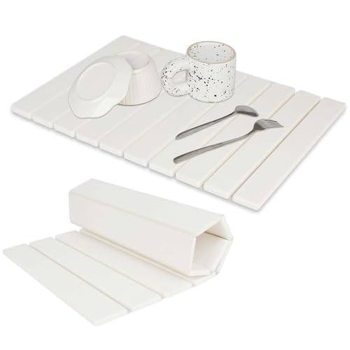 Grand tapis de séchage en pierre pour comptoir de cuisine, respectueux de l'environnement, tapis de séchage instantané, tapis absorbant l'eau, pliable et super absorbant (blanc, 60 x 39 cm)