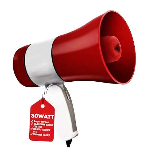 5Core Megaphone Bullhorn Speaker 30W Professional Bull Horn Battery Power Cheer Megafono 800 Yard Range Loudspeaker w Siren LED Light Recording Ergonomic Handle for Coaches Football Baseball (138 RU)