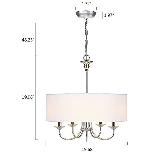 T&A Talent And Art Modern Nickel 5-Light Chandelier With White Linen Drum Shade,20" Simple Chain Pendant Light Lights For Foyer Dining Room Living Room #TOP4