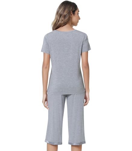 Image of NACHILA Pajamas for Women-Viscose Made from Bamboo,Satin Crew Neck Pajama Sets Short Sleeve Pjs with Capri Pants
